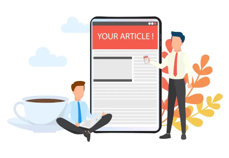 A cartoon of two men standing by a large phone displaying a recently published journal