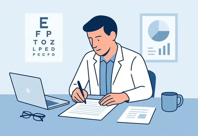 A caricature of an eye scientist working