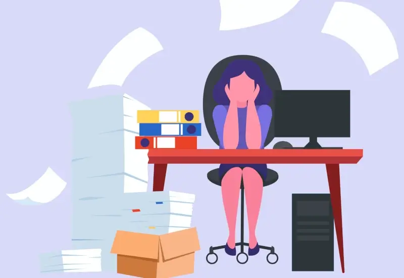 A cartoon of a woman depicted as being overwhelmed by her work