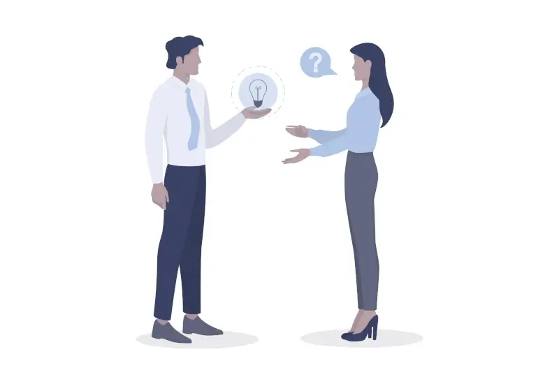 A cartoon of a man and a woman discussing ideas