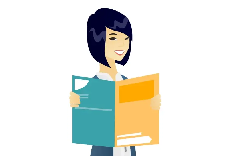 A cartoon woman holding a multi-colored journal