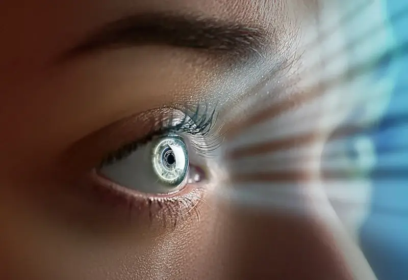 A close up of a woman's eyes that appear to be projecting light