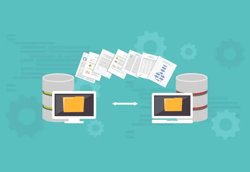 A graphic showing computers communicating while creating journal entries