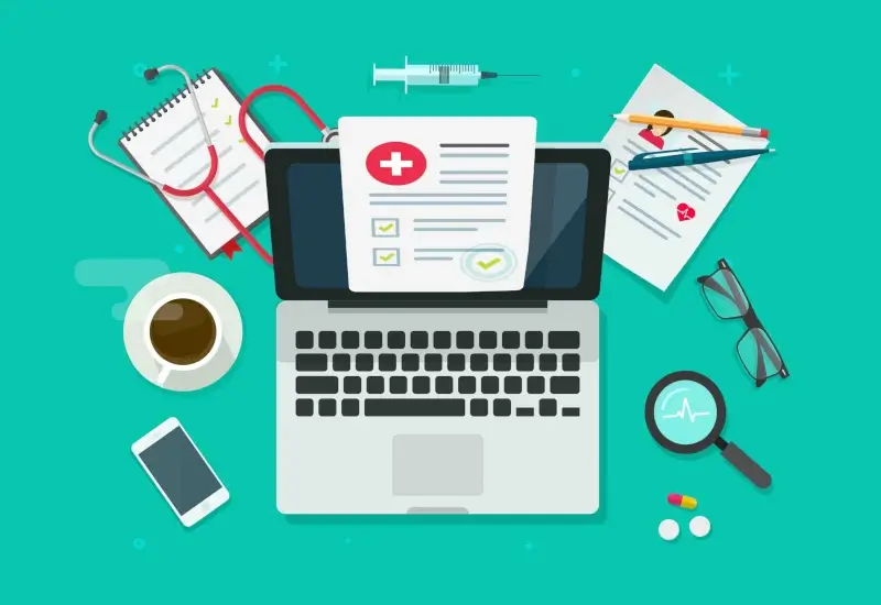 Graphic of a workstation on a teal background