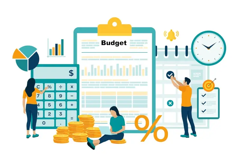 A graphic showing people in front of super sized calculators and clipboards