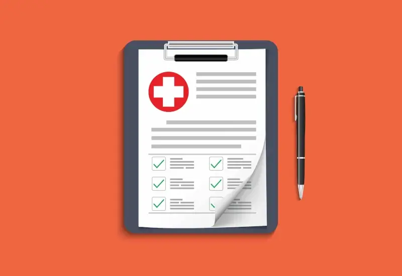 A clipboard graphic on a tomato color background