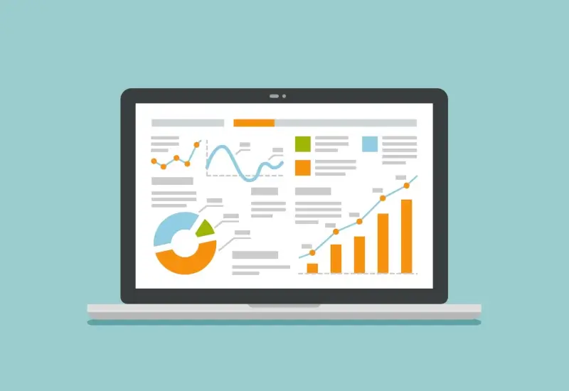 A cartoon like image of a laptop showing statistical information