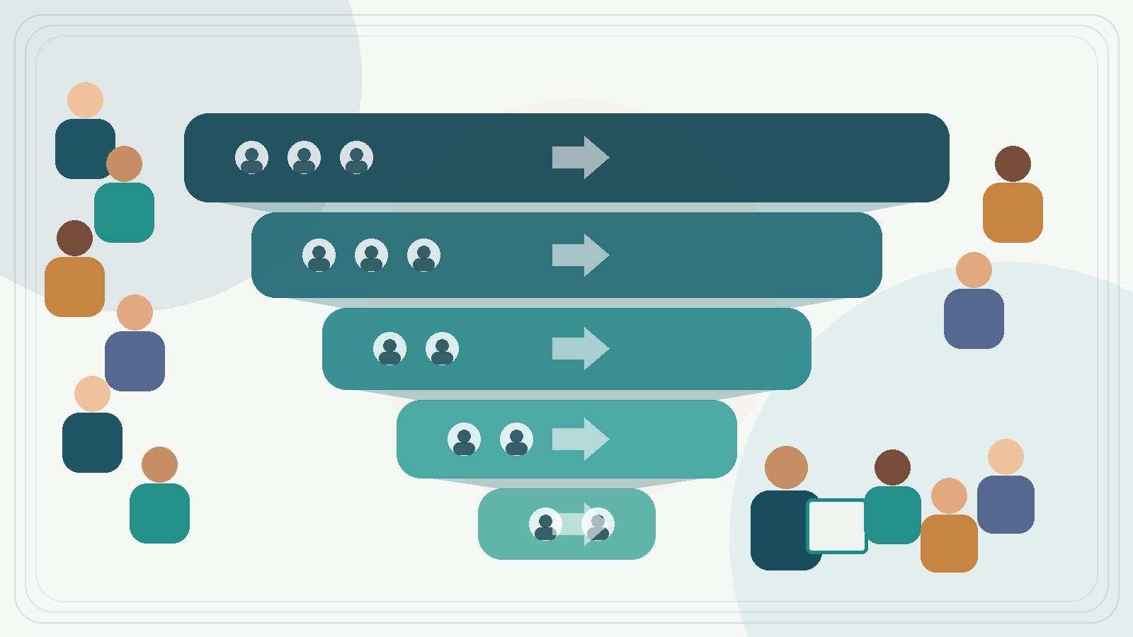 Diverse clinic patients moving through successive eligibility, screening, enrollment, and retention checkpoints in a research feasibility funnel.