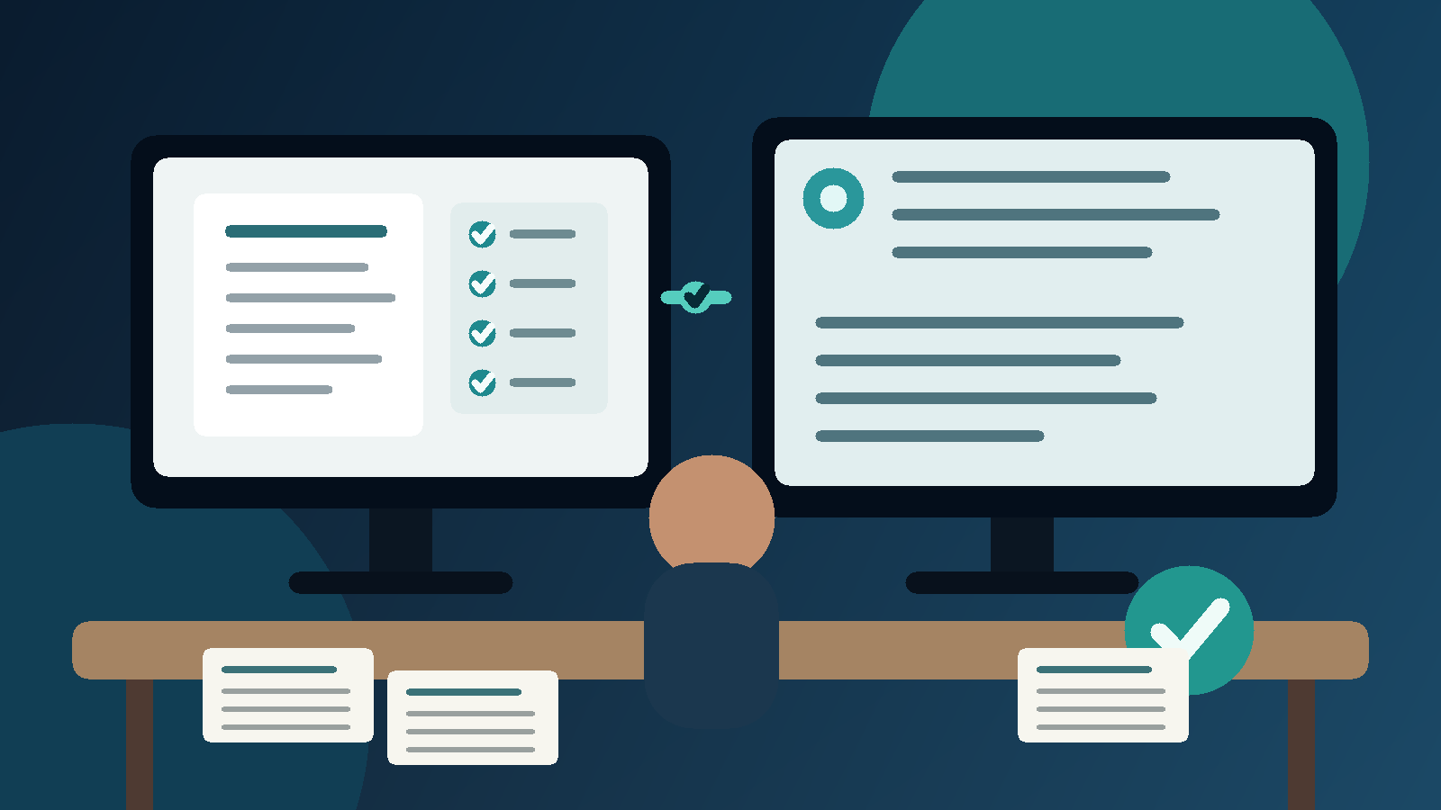 Two monitors showing source documents and an AI draft with an armless investigator silhouette and a human approval check mark.